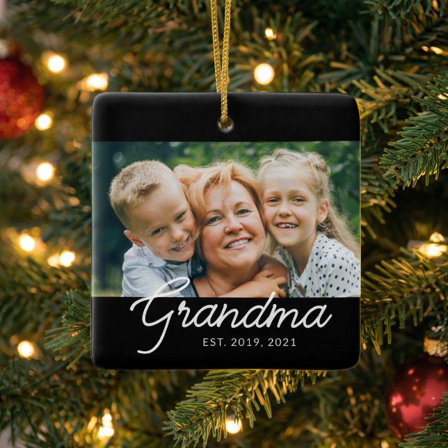 Grandma Established Script Photo Ceramic Ornament (Creator Uploaded)