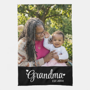 Grandma Established Script Photo Grandmother Gift Tea Towel