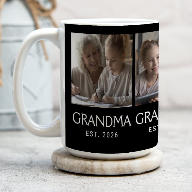 Grandma Established Typography Black 3 Photo Coffee Mug (Creator Uploaded)