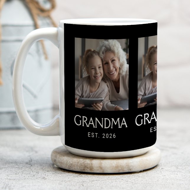 Grandma Established Typography Black 3 Photo Coffee Mug (Creator Uploaded)