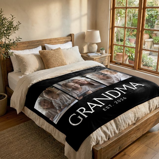 Grandma Established Typography Black 3 Photo Fleece Blanket (Creator Uploaded)