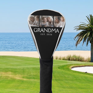 Grandma Established Typography Black 3 Photo Golf Head Cover