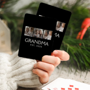 Grandma Established Typography Black 3 Photo Playing Cards
