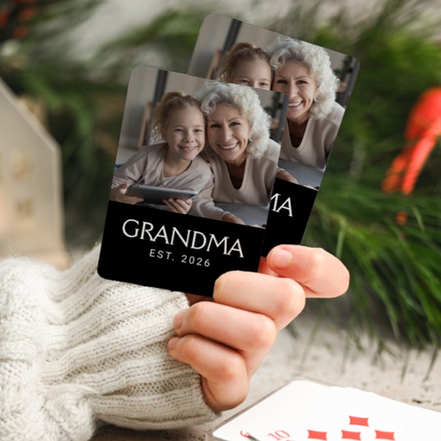 Grandma Established Typography Black Photo Playing Cards (Creator Uploaded)
