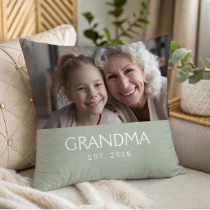 Grandma Established Typography Sage Green Photo Cushion