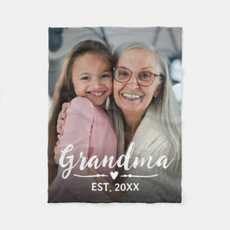 Grandma Established White Script Photo Fleece Blanket