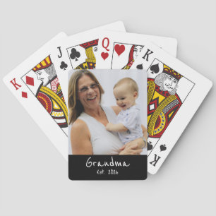 Grandma Established white script photo Playing Cards