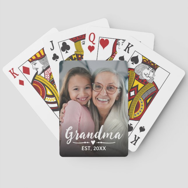 Grandma Established White Script Photo Playing Cards (Back)