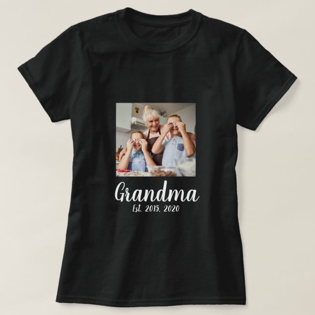 Grandma Established White Script Photo T-Shirt (Design Front)