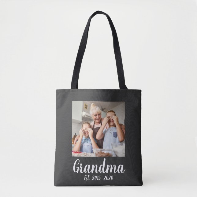 Grandma Established White Script Photo Tote Bag (Front)