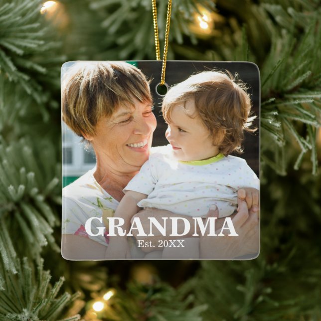 GRANDMA Established Year Photo Ceramic Ornament (Tree)