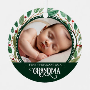 Grandma First Christmas Photo Holiday Pattern Metal Tree Decoration
