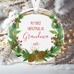 Grandma First Christmas Rustic Wreath Baby Photo Ornament<br><div class="desc">This design features a rustic watercolor Christmas wreath decorated with pine cones, berries and candy canes, surrounding the words "My First Christmas as Grandma" and the year in whimsical red printing and handwriting fonts. Customise the reverse side with a favourite photo of the new grandchild, encircled by the same wreath....</div>
