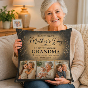 Grandma First Mothers Day Elegant Black Gold  Cushion