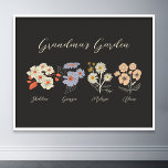 Grandma Flower Garden Custom 4 Name Vintage Floral Poster<br><div class="desc">This Grandma's Garden Flower and Grandkids Name Custom Throw Pillow is a delightful blend of vintage charm and personalised warmth. This custom pillow is the perfect addition to any grandmother's haven, bringing the beauty of a botanical garden right into her home. Featuring a stunning vintage flower illustration that captures the...</div>