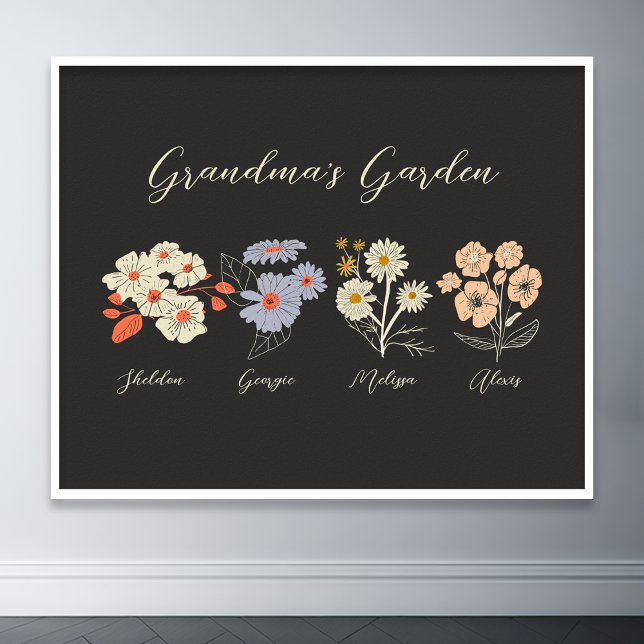 Grandma Flower Garden Custom 4 Name Vintage Floral Poster (grandma flower garden grandkids name floral poster)