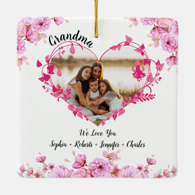 Grandma flower heart | Grandkids Names & Photo Ceramic Ornament (Back)