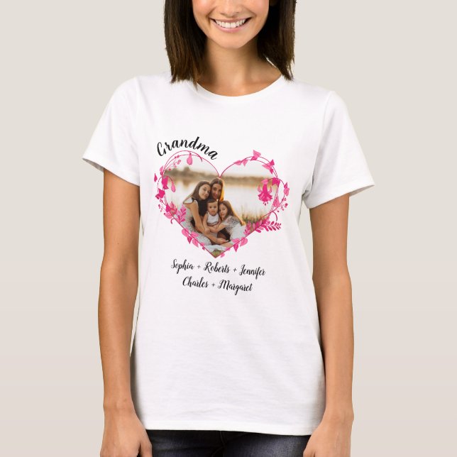 Grandma flower heart With Grandkids Names & Photo T-Shirt (Front)