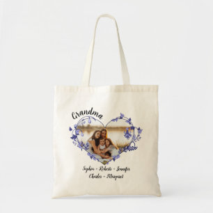 Grandma flower heart With Grandkids Names & Photo Tote Bag