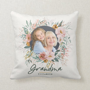 Grandma gift 2 photo pink girly watercolour floral cushion
