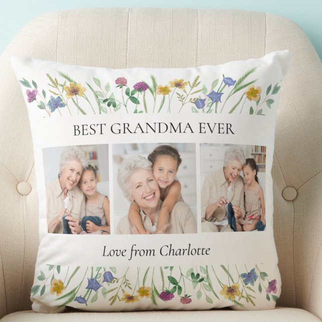 Grandma Gift 3 Photos Floral Cushion (Creator Uploaded)