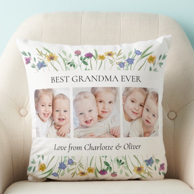 Grandma Gift 3 Photos Floral Cushion (Creator Uploaded)