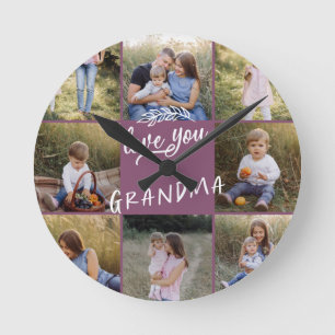 Grandma gift 8 photo grandchild simple typography round clock