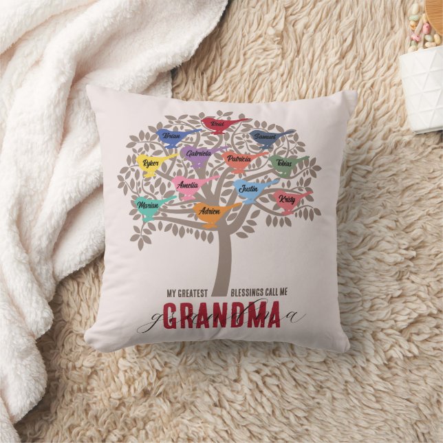 Grandma Gift Grandchildren Names Tree 12 birds Thr Cushion (Blanket)
