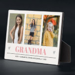 GRANDMA Grandchildren NAME 3 Photo pink gray heart Plaque<br><div class="desc">Create the perfect sweet keepsake for grandma or for Christmas or Mothers' day with this amazing design using THREE (3) of your favorite photos and GRANDMA appears along the bottom in delicate light pink Lettering with little gray hearts. Perfect gift idea to announce pregnancy with ultrasound or sonogram picture! Other...</div>