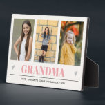 GRANDMA Grandchildren NAME 3 Photo pink gray heart Plaque<br><div class="desc">Create the perfect sweet keepsake for grandma or for Christmas or Mothers' day with this amazing design using THREE (3) of your favorite photos and GRANDMA appears along the bottom in delicate light pink Lettering with little gray hearts. Perfect gift idea to announce pregnancy with ultrasound or sonogram picture! Other...</div>