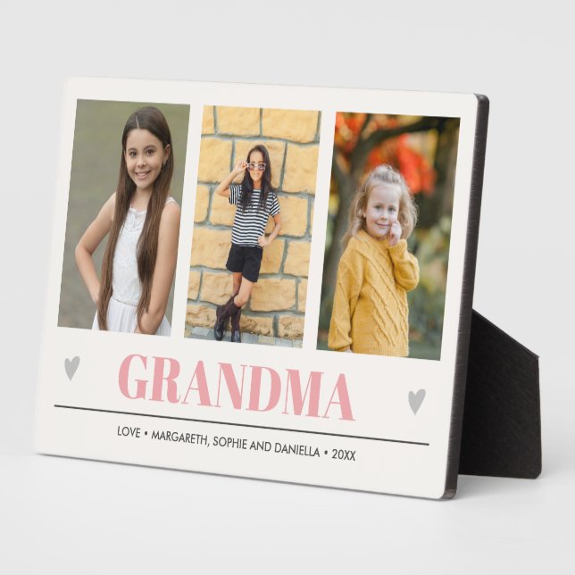 GRANDMA Grandchildren NAME 3 Photo pink gray heart Plaque (Side)