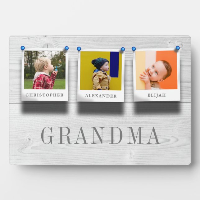 Grandma Grandchildren Names 3 Photo Collage Wood Plaque (Front)