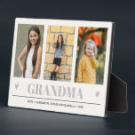 GRANDMA Grandchildren NAMES 3 Photo GRAY HEARTS   Plaque<br><div class="desc">Create the perfect sweet keepsake for grandma or for Christmas or Mothers' day with this amazing design using THREE (3) of your favorite photos and GRANDMA appears along the bottom in delicate gray Lettering with little gray hearts. Perfect gift idea to announce pregnancy with ultrasound or sonogram picture! Other colors...</div>