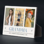 GRANDMA Grandchildren NAMES 3 Photo light blue Plaque<br><div class="desc">Create the perfect sweet keepsake for grandma or for Christmas or Mothers' day with this amazing design using THREE (3) of your favorite photos and GRANDMA appears along the bottom in delicate light blue Lettering with little gray hearts. Perfect gift idea to announce pregnancy with ultrasound or sonogram picture! Other...</div>