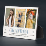 GRANDMA Grandchildren NAMES 3 Photo light blue Plaque<br><div class="desc">Create the perfect sweet keepsake for grandma or for Christmas or Mothers' day with this amazing design using THREE (3) of your favorite photos and GRANDMA appears along the bottom in delicate light blue Lettering with little gray hearts. Perfect gift idea to announce pregnancy with ultrasound or sonogram picture! Other...</div>