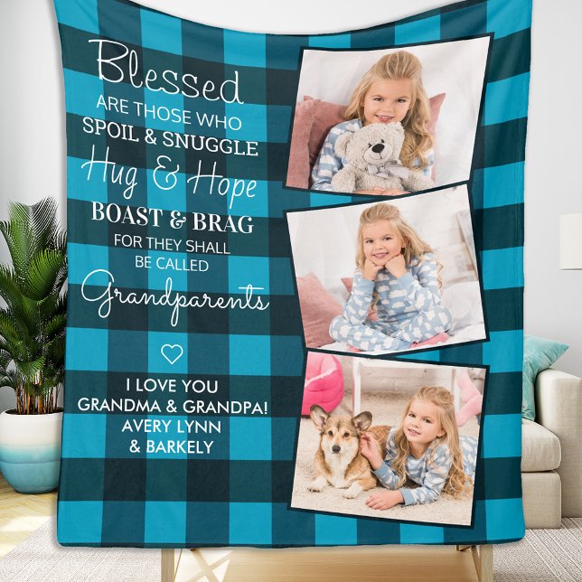 Grandma Grandpa Custom 3 Photo Plaid Grandparents  Fleece Blanket (Creator Uploaded)