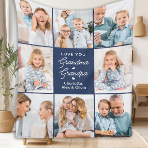 Grandma Grandpa Personalised Navy Blue 8 Picture Fleece Blanket