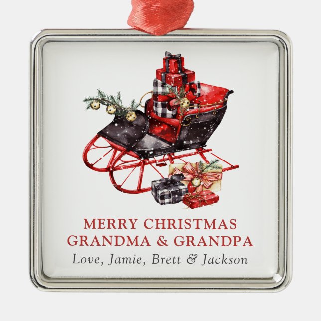 Grandma Grandpa Vintage Red Sleigh Christmas Metal Tree Decoration (Front)