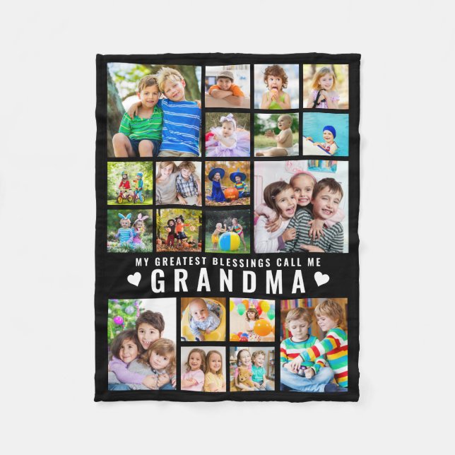 Grandma Greatest Blessings Quote 20 Photo Collage Fleece Blanket (Front)