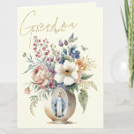 Grandma Happy Birthday Floral Religious Thank You Card<br><div class="desc">Featuring a religious birthday card for GRANDMA with beautiful flowers in a vase and a traditional Catholic image of the Blessed Virgin Mary,  Our Lady of Grace.   A Scripture verse is on the inside with the flowers and rosary.  All text and fonts can be modified.</div>