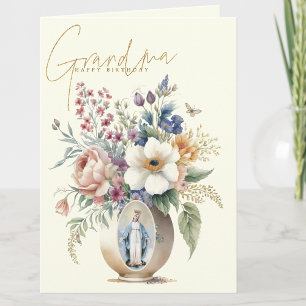 Grandma Happy Birthday Floral Religious Thank You Card