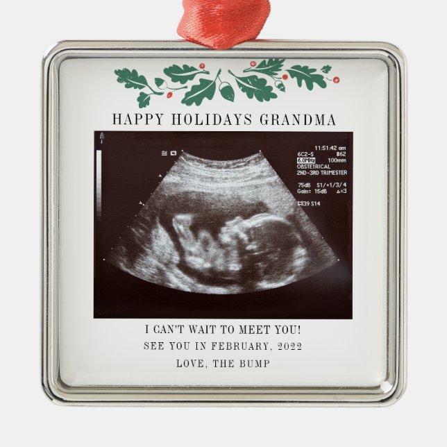 Grandma Happy Holidays Pregnancy Ultrasound Photo Metal Tree Decoration (Front)