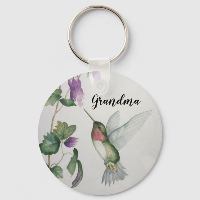 Grandma Hummingbird Elegant Watercolor Painting Key Ring (Front)