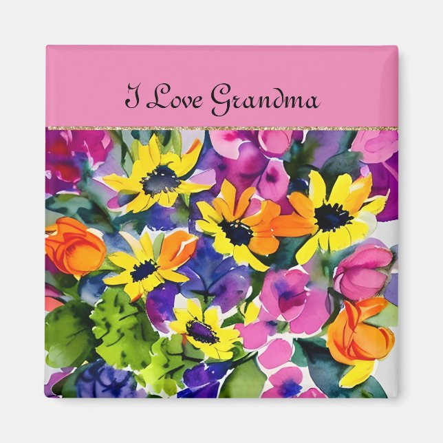 GRANDMA - I Love Grandma, watercolor flowers, Magnet (Front)