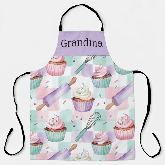 Grandma Lavender Teal Cupcake Baking Crew Apron (Front)
