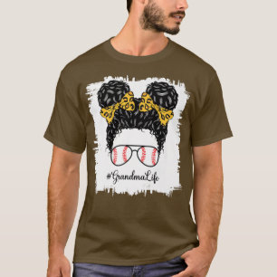 Grandma Life Leopard Softball Messy Bun Mother's D T-Shirt
