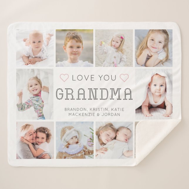 Grandma Love You Hearts 10 Photo Personalised Sherpa Blanket (Front (Horizontal))