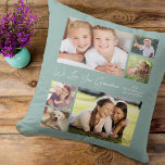 Grandma Love You Photos Personalized Green Cushion<br><div class="desc">Celebrate Grandma with this custom photo collage keepsake pillow with stylish white script and typography against a light sage green background. You can personalize with six family photos of grandchildren, family members, pets, etc., and personalize the expression to "I Love You" or "We Love You, " and whether she is...</div>