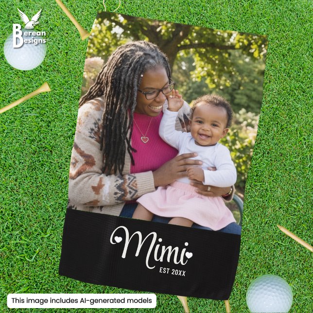 Grandma Mimi Established Script Heart Photo Golf Towel (MIMI ESTABLISHED Customizable  Photo Grandma Golf Towel for active golf-loving grandmothers.)
