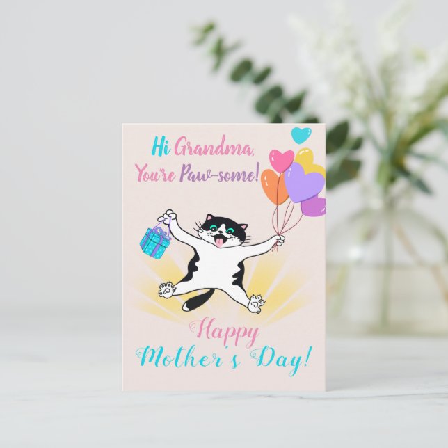 Grandma Mother's Day Cute Kitty Colourful Balloons Holiday Postcard (Standing Front)